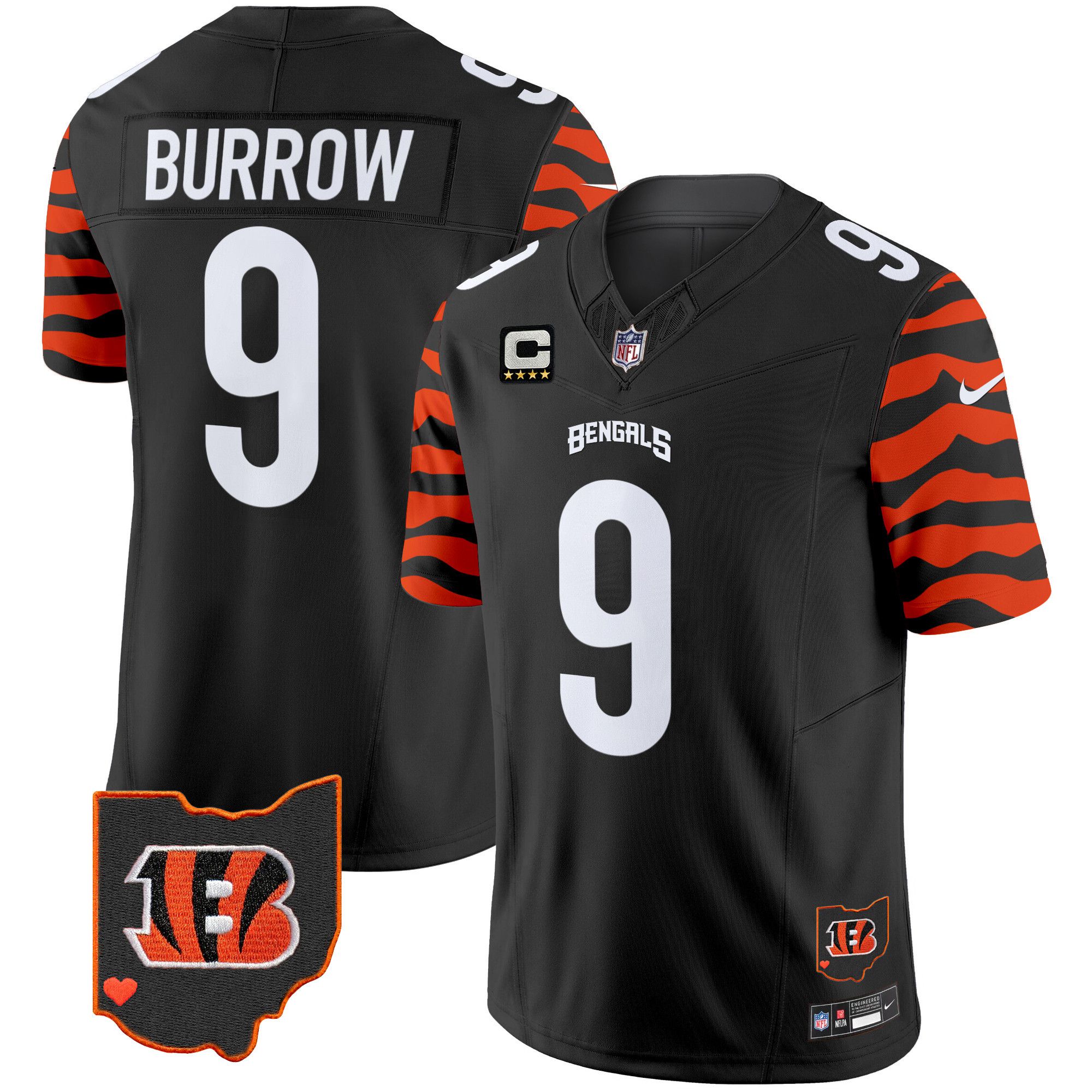 Men Cincinnati Bengals 9 Burrow Black 2024 Nike Stripes Vapor Limited NFL Jersey